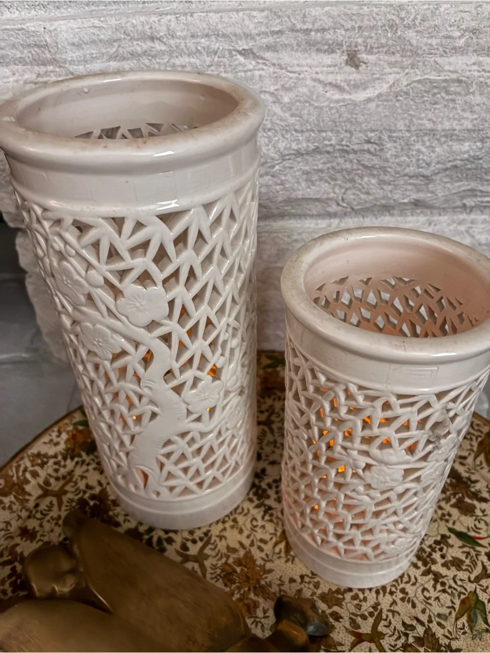 Vtg CHINESE BLANC DE CHINE RETICULATED CHERRY BLOSSOM lamp open vase porcelain